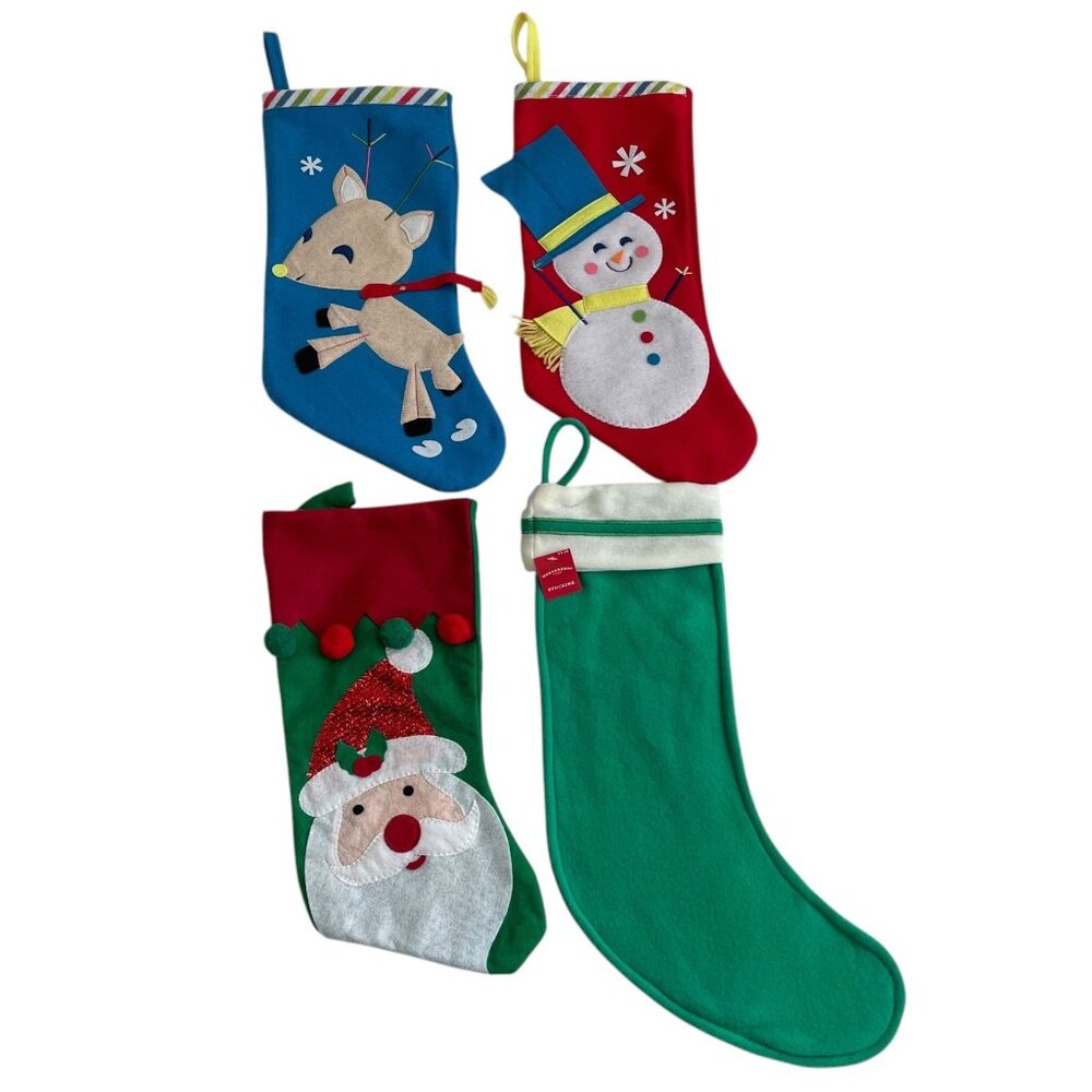 Set Of 4 Christmas Stockings Reindeer, Snowman, Santa, Green Felt Holiday Decor